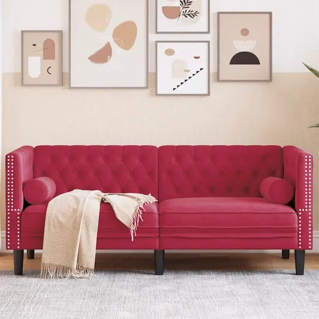 Divano Chesterfield a 2 posti vidaXL in velluto rosso con cuscini coordinati L: 174 cm, P: 70,5 cm, H: 74,5 cm