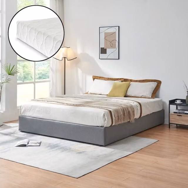 Letto Matrimoniale Contenitore Nola en.casa con Materasso, Apertura a Ribalta, Rivestimento in Tessuto Lino, Grigio, L/P/H: 180 x 200 x 27,5 cm