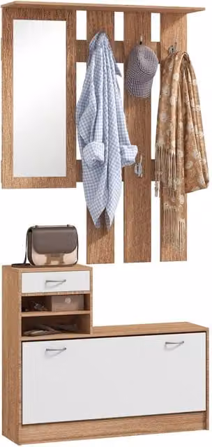 Mobile ingresso Xylo con appendiabiti, scarpiera, specchio e cassetti, bianco e noce, L: 90 cm, P: 24 cm, H: 177 cm