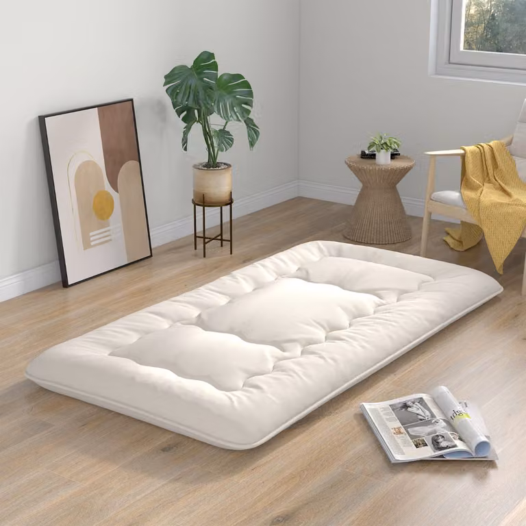 Materasso futon portatile Costway con copertura lavabile e sacca da trasporto, tappeto arrotolabile beige, L/P/H: 90 x 200 cm