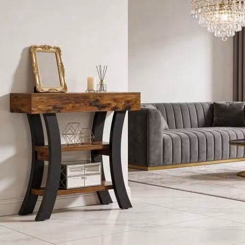 Consolle OKWISH moderna con 3 vani aperti in MDF e metallo per ingresso, soggiorno o camera da letto, nero e marrone, L: 105 cm, P: 30 cm, H: 80 cm