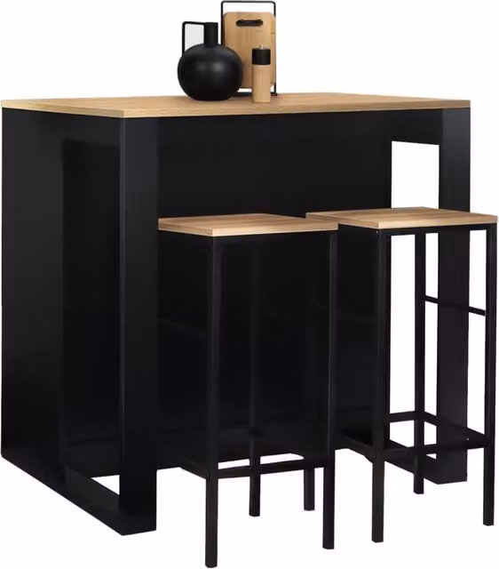 Set di tavoli da bar a isola JUNO IDMarket in legno nero con piano in faggio e 2 sgabelli DETROIT beige stile industrial
