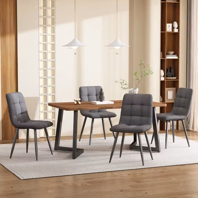 Set tavolo e 4 sedie Mivray moderno con piano in MDF color noce e sedute in lino, L/P/H: 117 x 68 x 76 cm