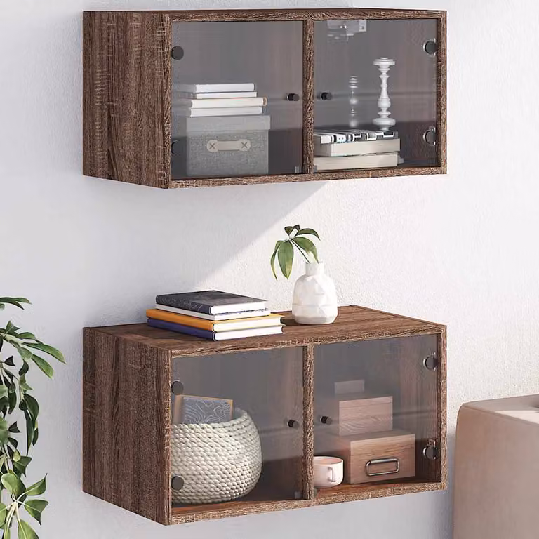 Set di 2 Mobili a Muro vidaXL con Ante in Vetro, Rovere Marrone, L 68,5 cm x P 37 cm x H 35 cm