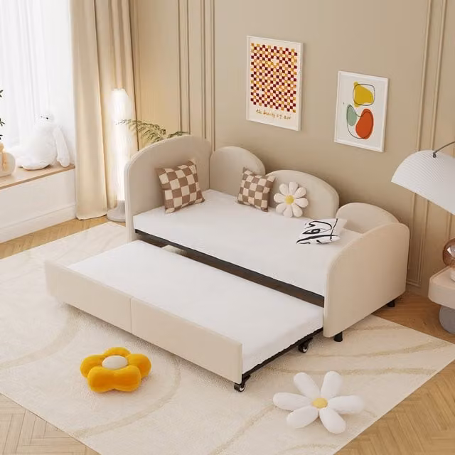 Divano Letto Gomyway con Cassetti in Velluto Beige per Camera da Letto e Soggiorno L/P: 90 x 200 cm