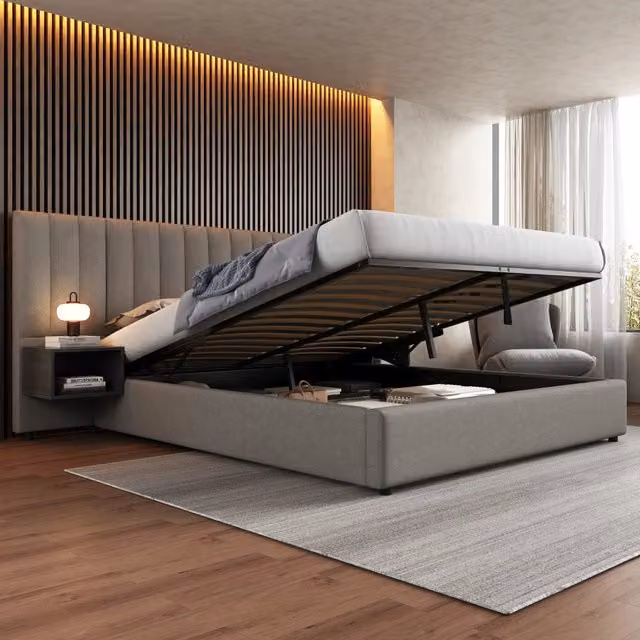 Letto contenitore MIVRAY con due comodini e sollevamento idraulico, rivestito in lino grigio e nero, L/P: 180 x 200 cm