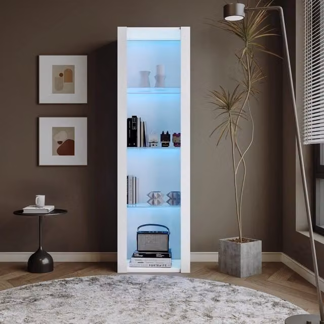 Vetrina Mivray moderna con ante in vetro, ripiani interni e illuminazione integrata, finitura lucida bianca, L: 55 cm, P: 38 cm, H: 166 cm