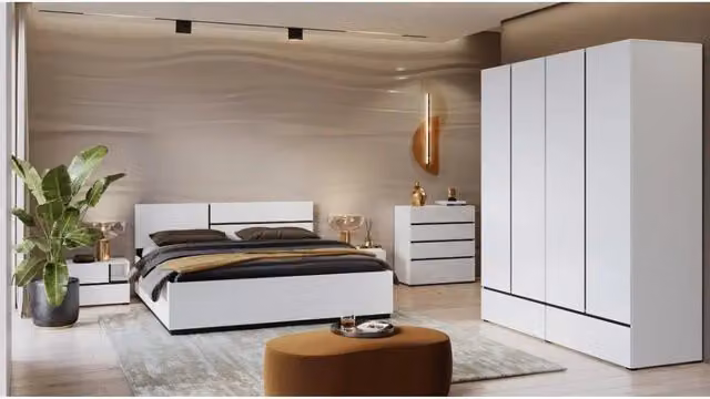 Camera da letto completa Meublorama HAVANA moderna in legno bianco e nero con letto 160x200 cm, armadio a 4 ante, comodini e cassettiera