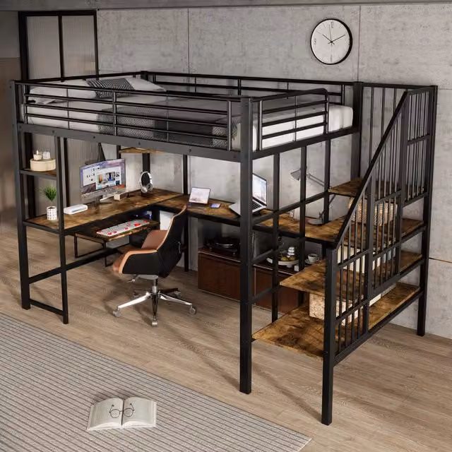 Letto a soppalco Mivray con scrivania, scala ad angolo e porta di ricarica USB, in metallo e MDF nero e noce scuro, L/P: 120 x 200 cm