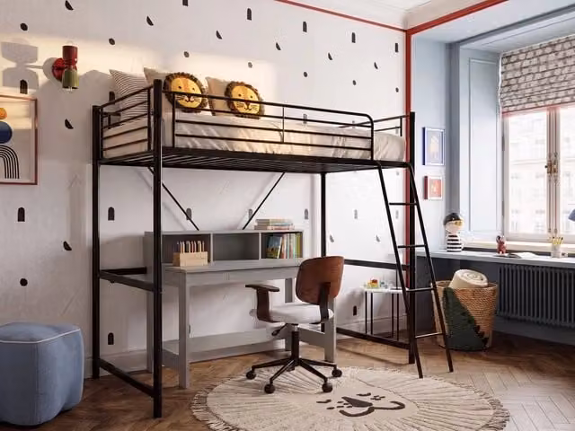 Letto a soppalco singolo BELIANI per bambini con scala e rete a doghe in acciaio nero dal design moderno H: 210 cm, L: 90 cm, P: 200 cm
