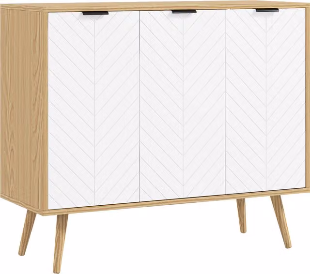 Mobile basso HOMCOM con 2 armadi e 3 porte, motivo geometrico chevron, ripiani regolabili, legno naturale, L 91,5 cm x P 35 cm x H 77,4 cm