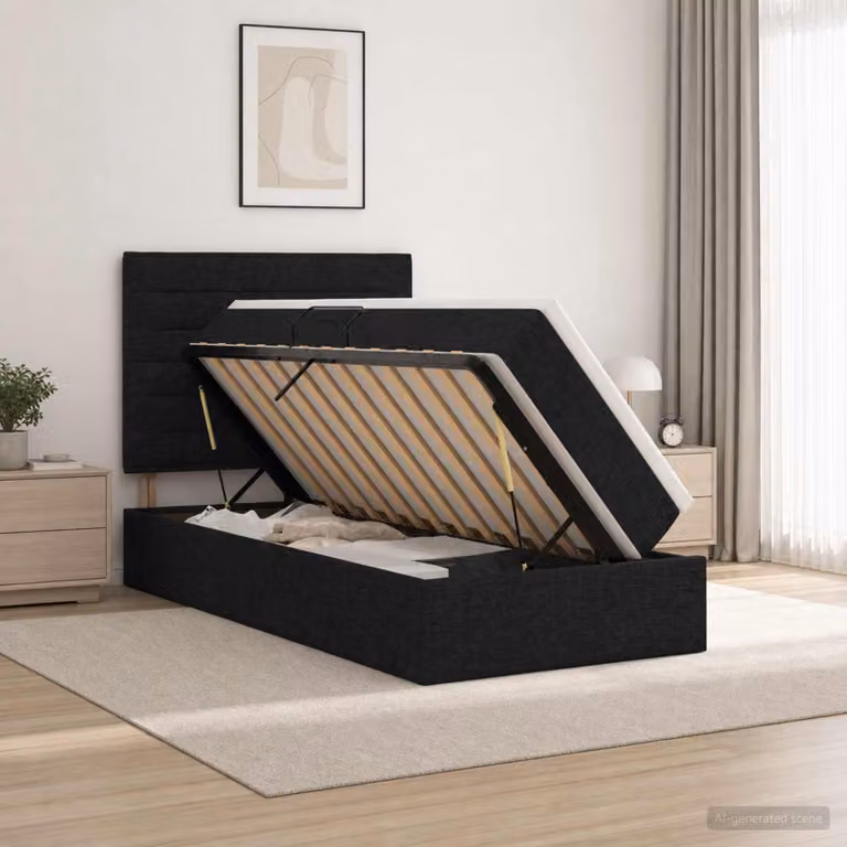 Letto con contenitore e materasso vidaXL in tessuto nero con base a sollevamento L 90 x P 190 x H 128 cm