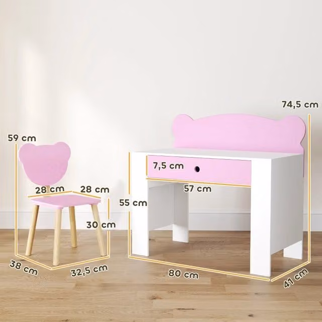 Set scrivania e sedia WISHDOR per bambini in legno laccato, rosa e bianco