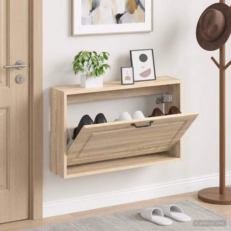 Mobiletto per scarpe da muro vidaXL UTRECHT in legno e metallo color rovere, L: 71 cm, P: 17 cm, H: 43 cm