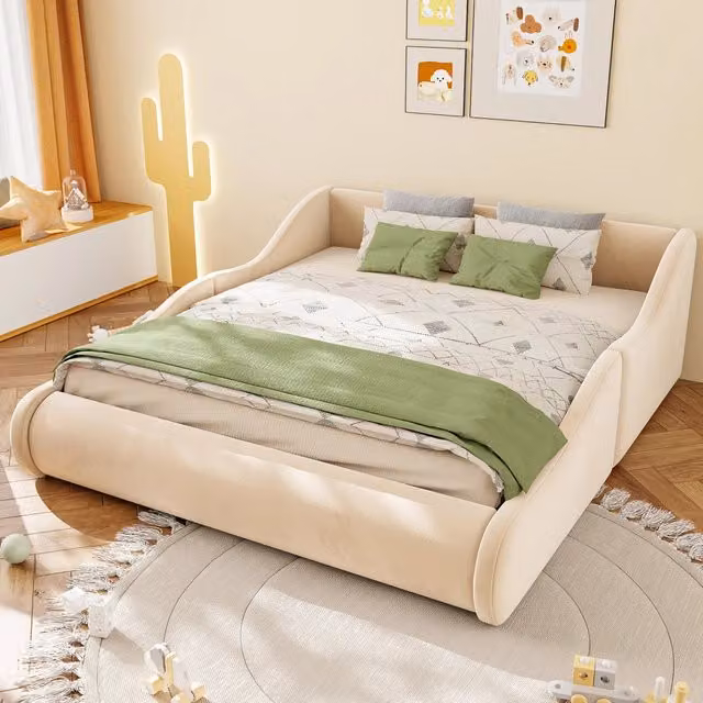 Letto imbottito per bambini con testiera alta e sponde in velluto beige L/P: 140 x 200 cm