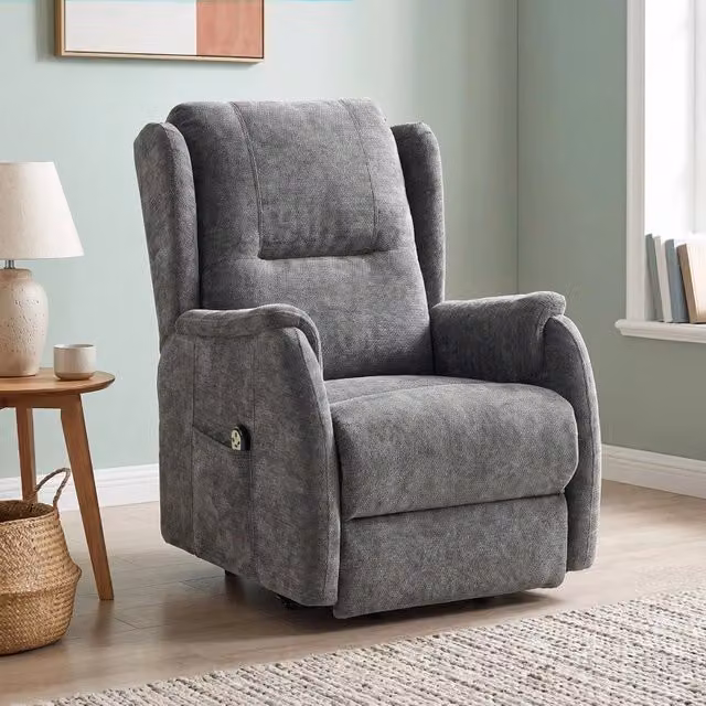 Poltrona relax elettrica MIVRAY con alzata e doppio motore, rivestimento effetto ciniglia grigio scuro, reclinabile fino a 155°