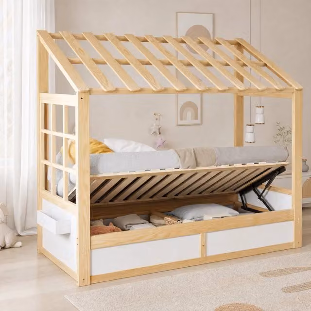 Letto a casetta Mivray per bambini con contenitore idraulico e vani laterali, bianco e beige, L/P/H: 207.5 x 90 x 120 cm