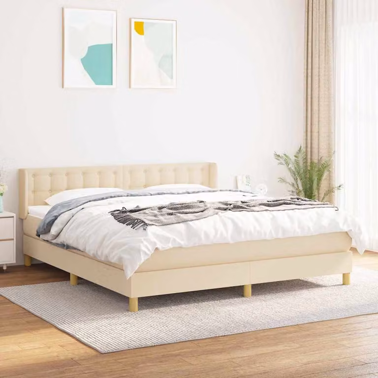 vidaXL Giroletto a Molle con Materasso Ibrido in Tessuto Beige e Bianco L/P: 160 x 200 cm