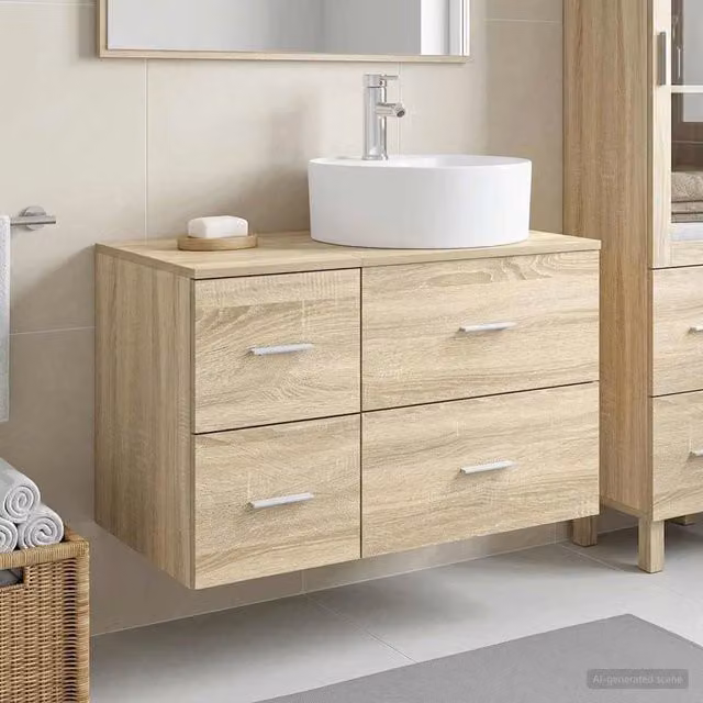 Set di mobili da bagno moderni vidaXL in legno color rovere con base lavabo e pensile sospeso L/P/H: 82,0 x 37,3 x 49,5 cm e 44,5 x 34,0 x 49,5 cm