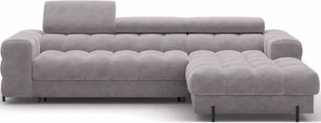Divano ad angolo destro convertibile MEUBLORAMA in tessuto grigio con funzione letto e poggiatesta regolabile L/P/H: 285 x 99 x 181 cm