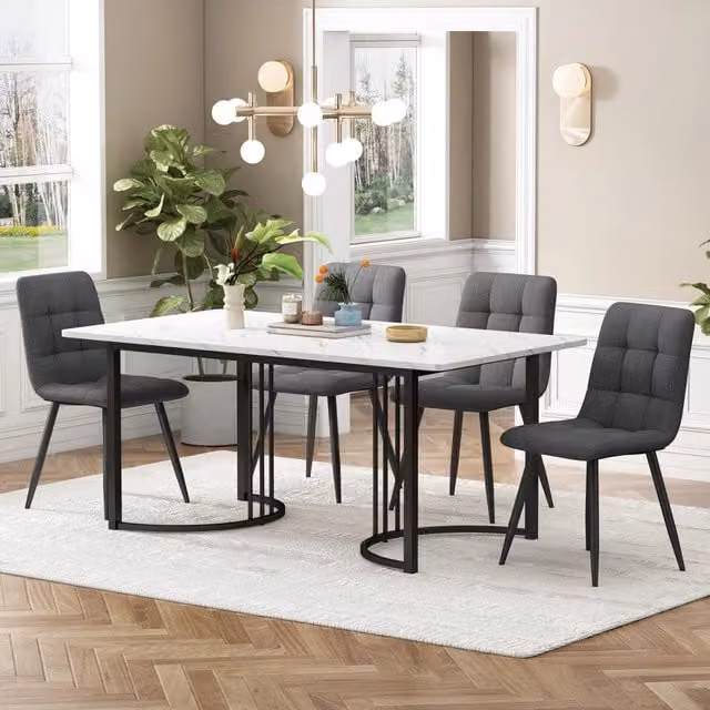 Set da pranzo Mivray composto da tavolo rettangolare in MDF effetto marmo bianco e 4 sedie in lino grigio scuro