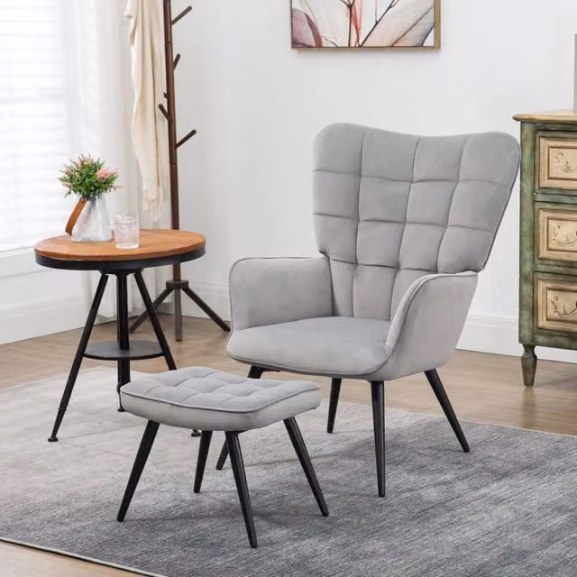 Set da 2 pezzi composto da poltrona con pouf REDOM in tessuto velluto grigio chiaro, L: 73 cm, P: 77,5 cm, H: 98 cm