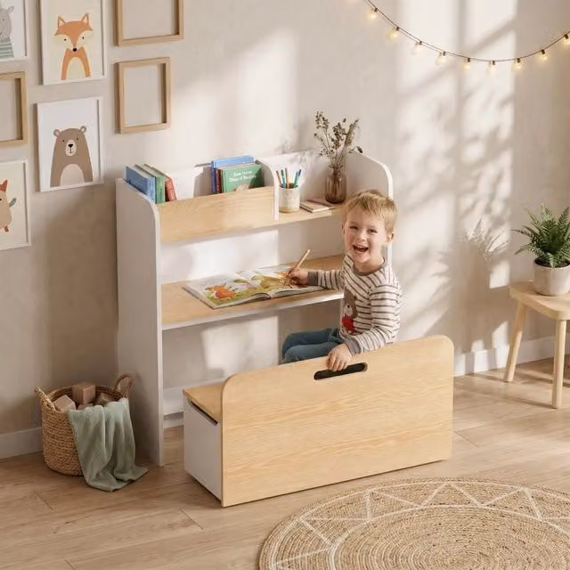 Scrivania per bambini WISHDOR bianca con libreria e contenitore in MDF laccato