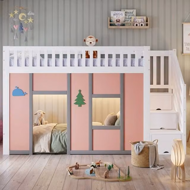 Letto a castello moderno per bambini con struttura a casetta, scala contenitore, illuminazione LED e area giochi, bianco e rosa, L/P/H: 90 x 200 cm
