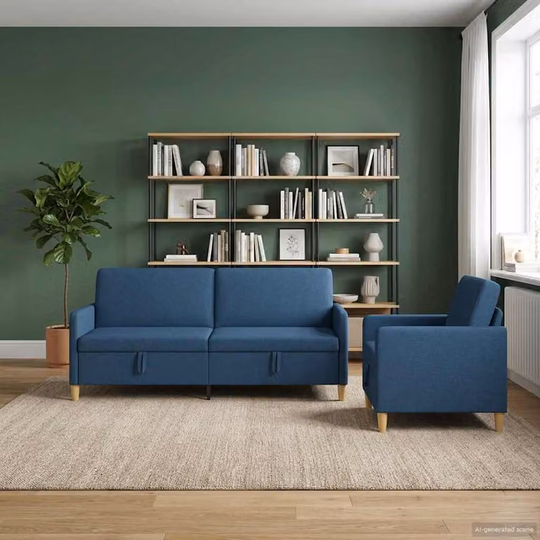 Set di divani moderni vidaXL con contenitore, composto da divano a 3 posti, divano a 2 posti e poltrona, colore blu e marrone, rivestimento in tessuto con coperture rimovibili e cuscini inclusi