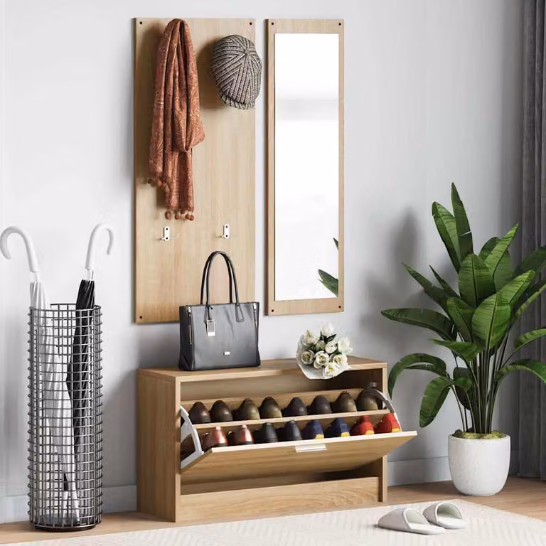 Set Scarpiera 3 in 1 vidaXL con Specchio e Appendiabiti per Ingresso, Colore Rovere, L/P/H: 80 x 27 x 46,5 cm