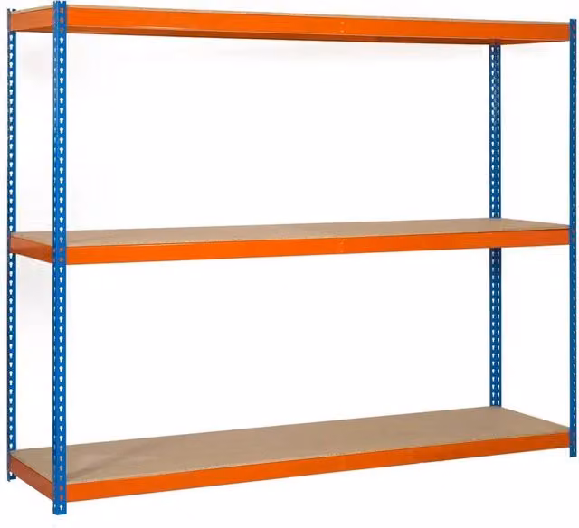 Scaffale in metallo Simon Rack con 3 ripiani, colore blu, arancio e legno, H 200 cm x L 150 cm x P 90 cm