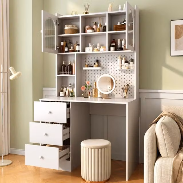 Scrivania Mivray con libreria, vetrina, pannello organizzativo e 3 cassetti in MDF bianco per home office L/P/H: 100 x 55 x 180 cm