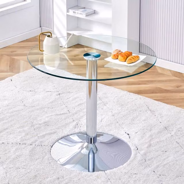 Tavolo da bar rotondo WISHDOR in vetro trasparente e metallo silver, Diametro: 85 cm, Altezza: 76 cm