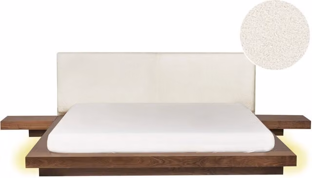 Letto BELIANI in stile giapponese con illuminazione LED e testata in bouclé, colore marrone e bianco, L/P: 180 x 200 cm