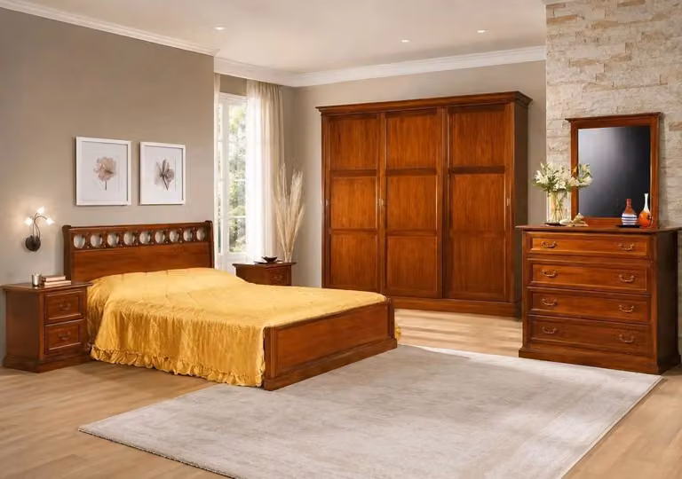 Camera da letto completa in legno massello stile arte povera Mobili 2G colore noce