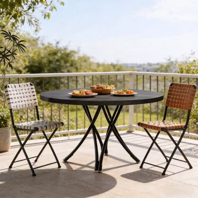 Tavolo da pranzo rotondo FOLYNA in legno nero opaco con gambe a X, diametro 120 cm