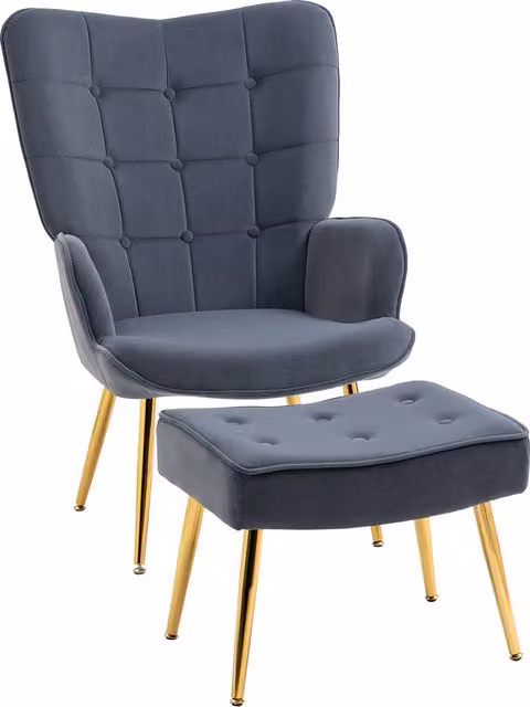 Poltrona moderna HOMCOM in velluto con pouf e gambe dorate, Grigio
