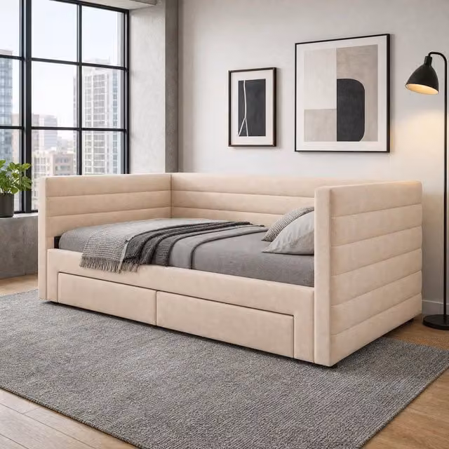 Letto imbottito multifunzionale 3 in 1 MODFU con 2 cassetti, beige, L/P/H: 90 x 190 cm