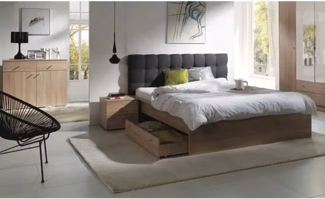 Set letto moderno Meublorama con doghe, cassetto, comodini e cassettiera, colore marrone, L/P: 160 x 200 cm
