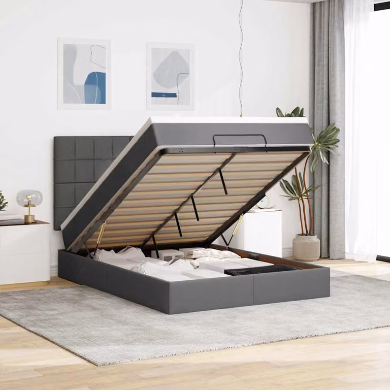 Letto con contenitore a sollevamento e materasso vidaXL in tessuto grigio e bianco, L: 190 cm, P: 140 cm, H: 28 cm