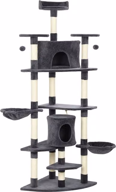 Albero Tiragraffi per Gatti PawHut con Casette e Amache, Grigio Scuro, H 200 x L 60 x P 60 cm
