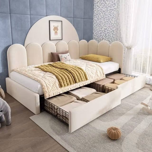 Letto Mivray con cassetti e struttura a L in velluto beige, L/P/H: 200 x 90 x 76 cm