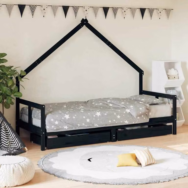vidaXL Giroletto per bambini in legno di pino massello con cassetti, Nero, L 200 x P 80 cm
