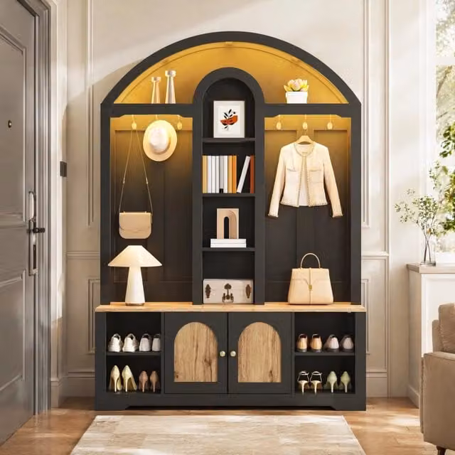 Armadio guardaroba moderno nero con ante a battente, ripiani interni, appendiabiti e illuminazione integrata, L: 150 cm, P: 40 cm, H: 195 cm
