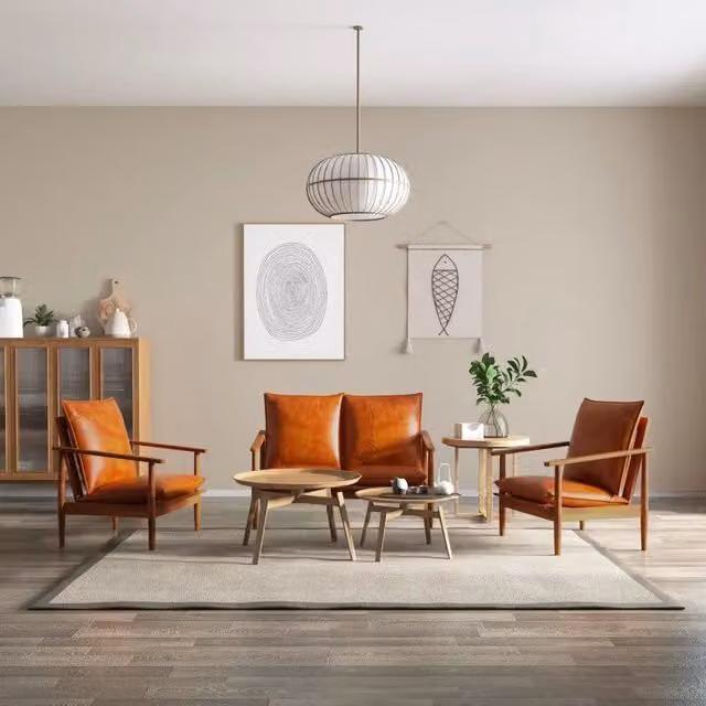 Set di divani 3 pezzi vidaXL in vera pelle e legno massello di acacia marrone in stile mid-century