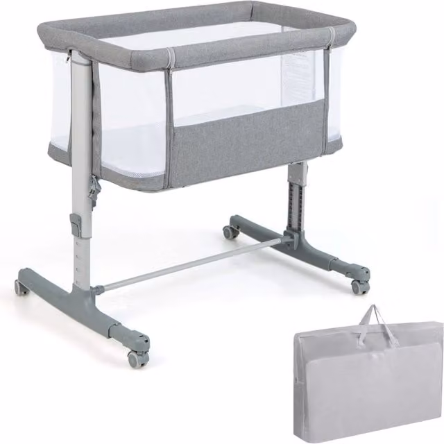 Culla per bambini 3 in 1 Design Mania con 5 livelli di altezza regolabili, borsa da viaggio e traversina inclusa, Grigio, L: 63 cm, H: 86 cm