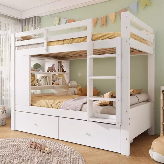 Letto a castello Mivray per bambini in legno bianco con 2 cassetti, scala e ripiano aperto, dimensioni 90 x 200 cm