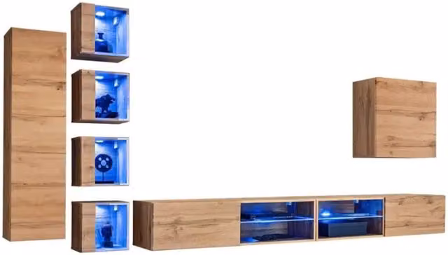 Set di mobili da soggiorno Meublorama SWITCH XXVI in rovere marrone con illuminazione LED integrata e ante in vetro, design moderno