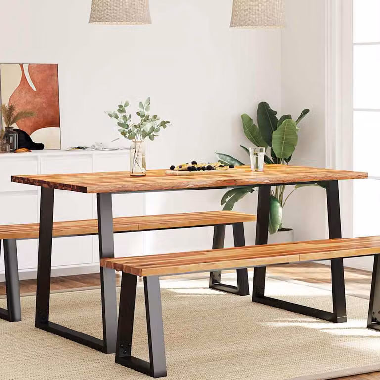 vidaXL Tavolo da Pranzo in Legno di Acacia con Bordi Vivi e Struttura in Metallo, Marrone, L: 160 cm, P: 80 cm, H: 75 cm