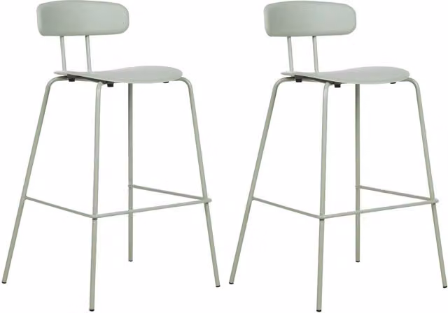 Set di 2 sgabelli da bar Beliani con seduta in plastica verde chiaro e gambe in metallo per cucina e soggiorno